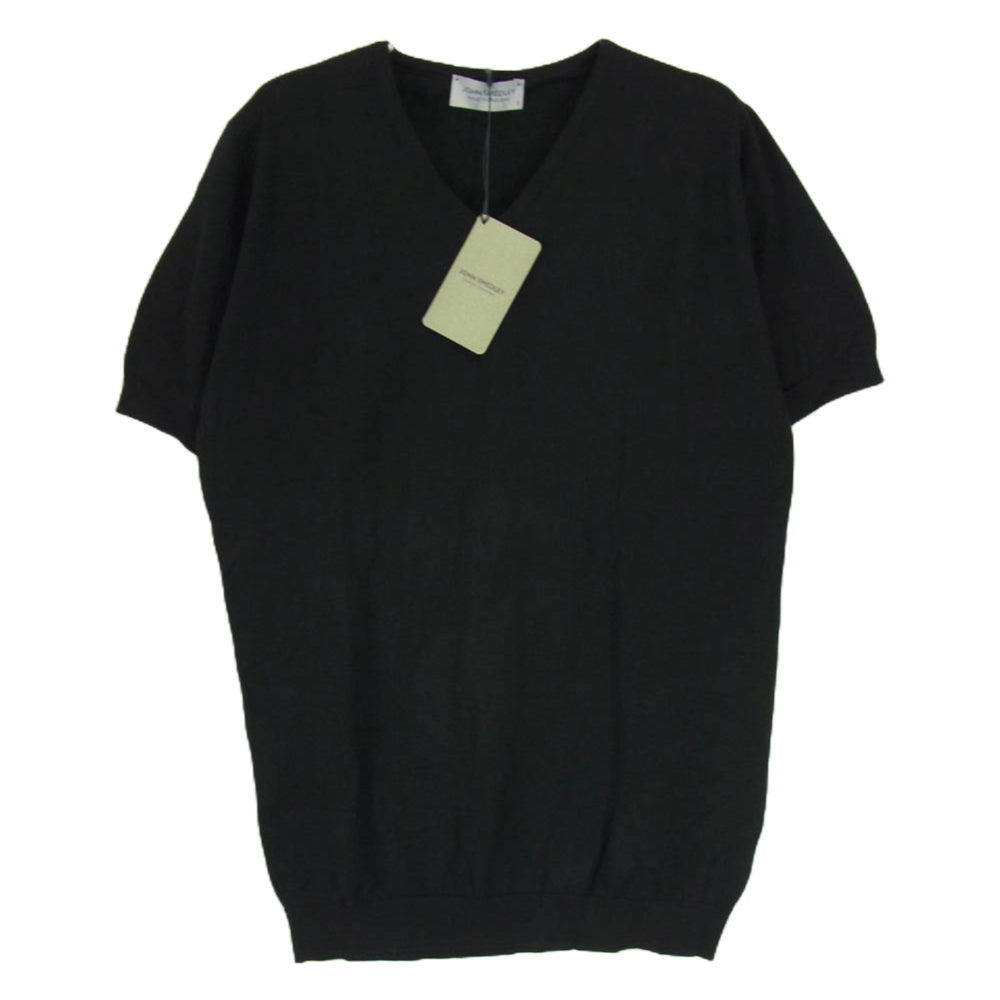 JOHN SMEDLEY ジョンスメドレー 英国製 Vネック ニットトップ 半袖 ブラック ブラック系 S【新古品】【未使用】【中古】