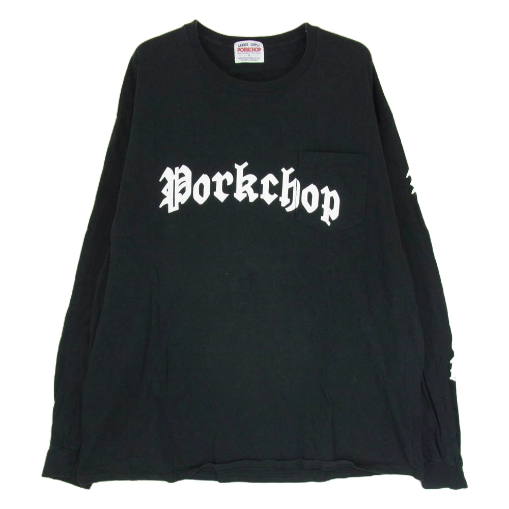PORKCHOP ポークチョップ ロゴプリント ポケット 長袖 カットソー ロングスリーブ Tシャツ ロンT ブラック系 XL【中古】