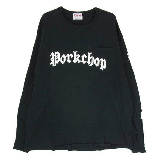 PORKCHOP ポークチョップ ロゴプリント ポケット 長袖 カットソー ロングスリーブ Tシャツ ロンT ブラック系 XL【中古】