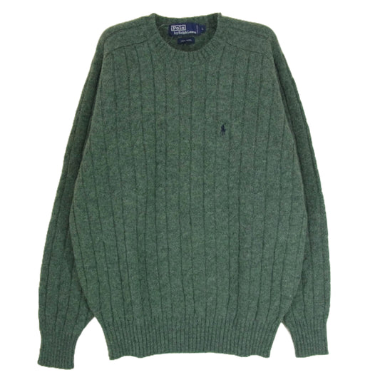 POLO RALPH LAUREN ポロ・ラルフローレン ポニー 刺繍 クルーネック ケーブル ウール ニット グリーン系 L【中古】