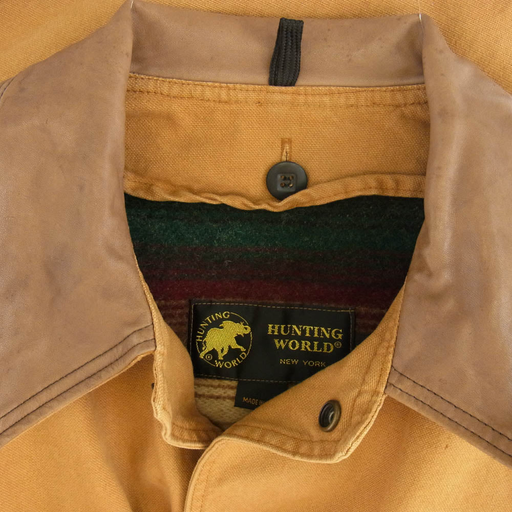 HUNTING WORLD ハンティングワールド 90s MADE IN USA アメリカ製 裏地ブランケット ライナー付き 襟レザー切替 ダック地 ハンティング ジャケット ブラウン系 M【中古】
