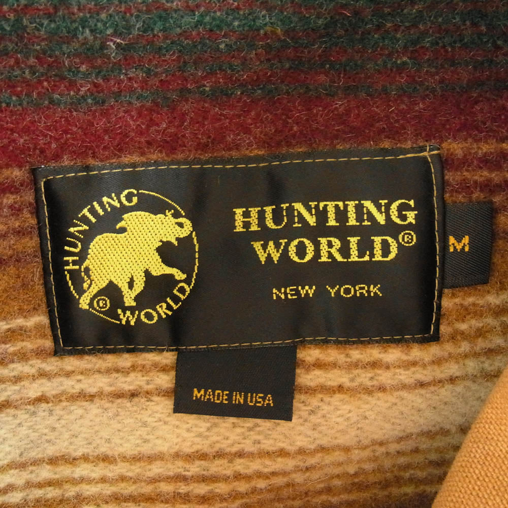HUNTING WORLD ハンティングワールド 90s MADE IN USA アメリカ製 裏地ブランケット ライナー付き 襟レザー切替 ダック地 ハンティング ジャケット ブラウン系 M【中古】