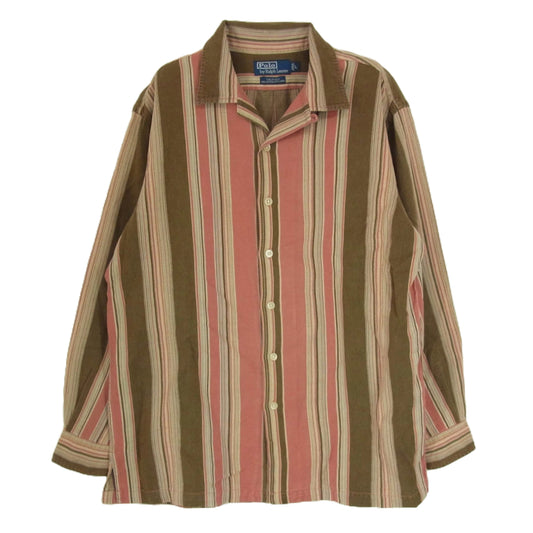 POLO RALPH LAUREN ポロ・ラルフローレン 90s コットン リネン オープンカラー 長袖 ストライプ シャツ レッド ブラウン系 L【中古】