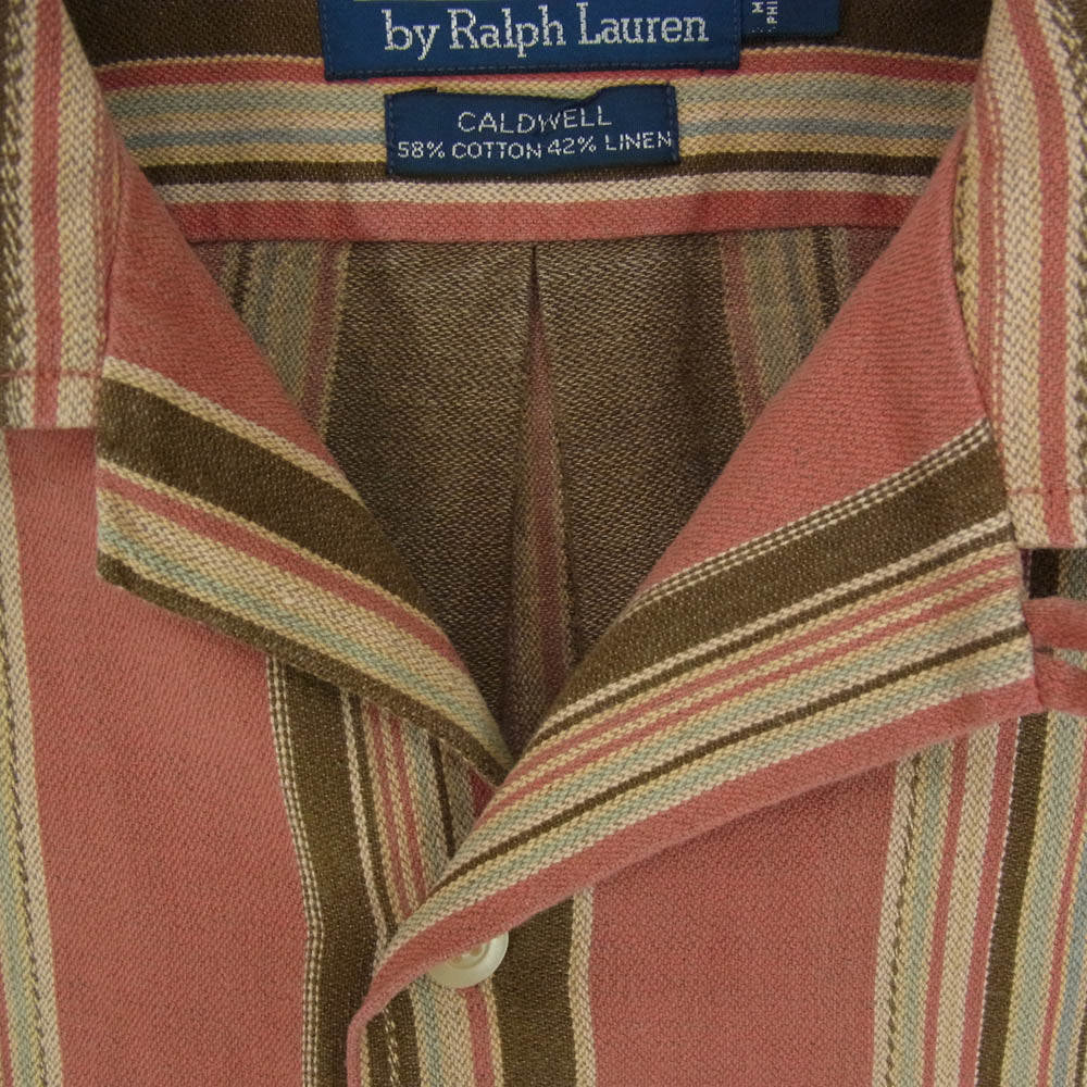 POLO RALPH LAUREN ポロ・ラルフローレン 90s コットン リネン オープンカラー 長袖 ストライプ シャツ レッド ブラウン系 L【中古】