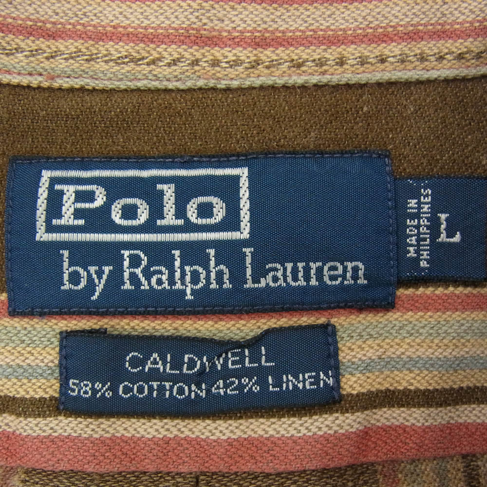 POLO RALPH LAUREN ポロ・ラルフローレン 90s コットン リネン オープンカラー 長袖 ストライプ シャツ レッド ブラウン系 L【中古】