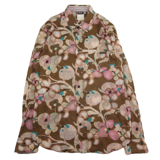 DOLCE&GABBANA ドルチェアンドガッバーナ フラワー 花柄 長袖 シャツ ブラウン系 36/50【中古】