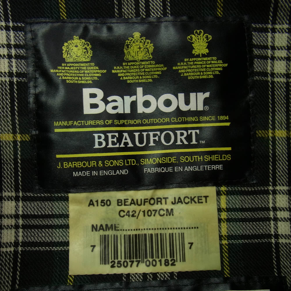 Barbour バブアー A150 英国製 90's BEAUFORT ビューフォート オイルドジャケット オリーブ カーキ系 C42/107CM【中古】