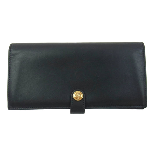 VERSACE ヴェルサーチ 1002898 イタリア製 メデューサ ボタン ロゴ レザー 2つ折り 長財布 ロング ウオレット ブラック系【中古】