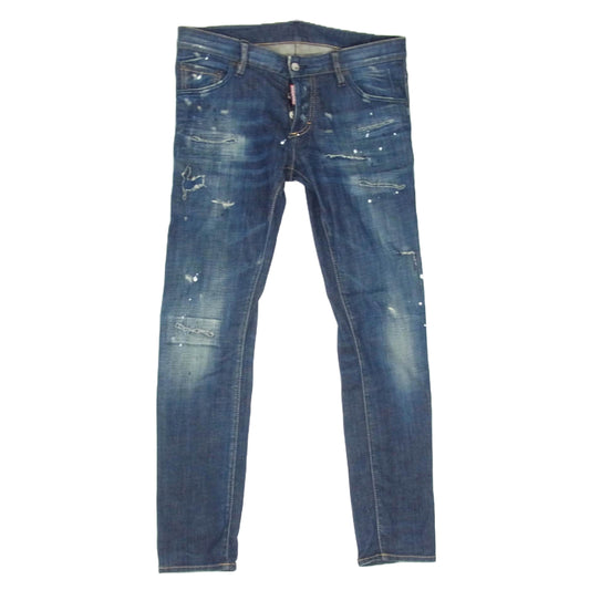 DSQUARED2 ディースクエアード S71LB0005 ボタンフライ ペイント加工 ダメージ加工 スキニー デニム パンツ インディゴブルー系 48【中古】
