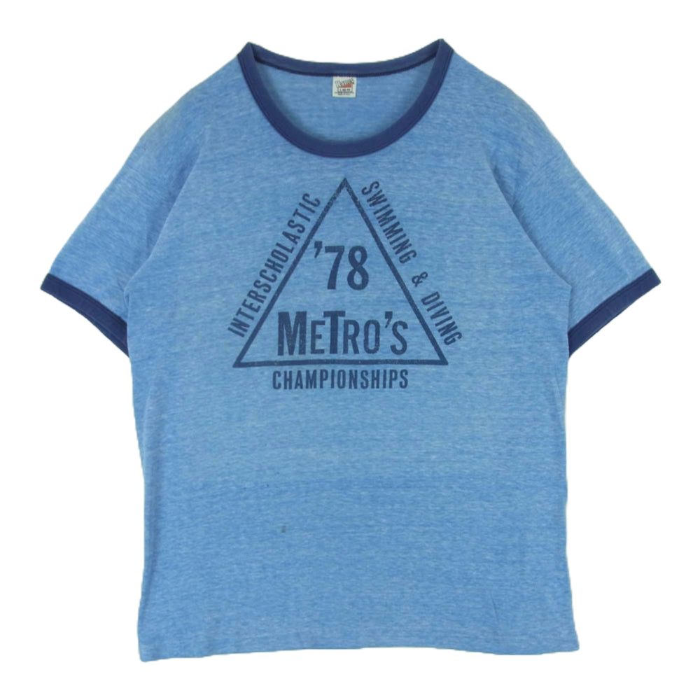 ヴィンテージ USA製 70's Hanes ヘインズ リンガー コットン 半袖 Tシャツ ライトブルー系 L【中古】