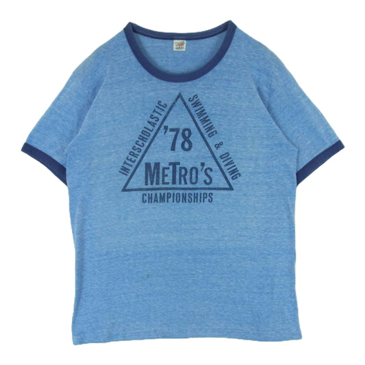 ヴィンテージ USA製 70's Hanes ヘインズ リンガー コットン 半袖 Tシャツ ライトブルー系 L【中古】