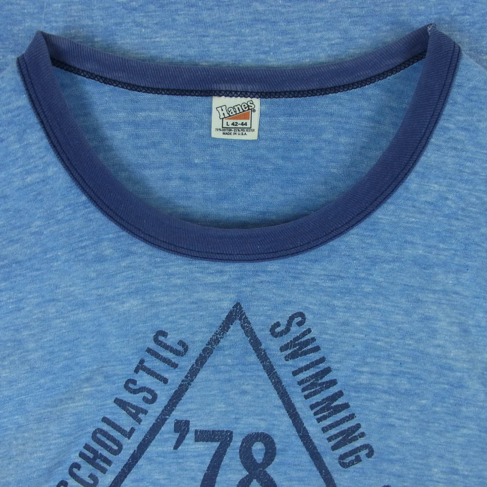 ヴィンテージ USA製 70's Hanes ヘインズ リンガー コットン 半袖 Tシャツ ライトブルー系 L【中古】
