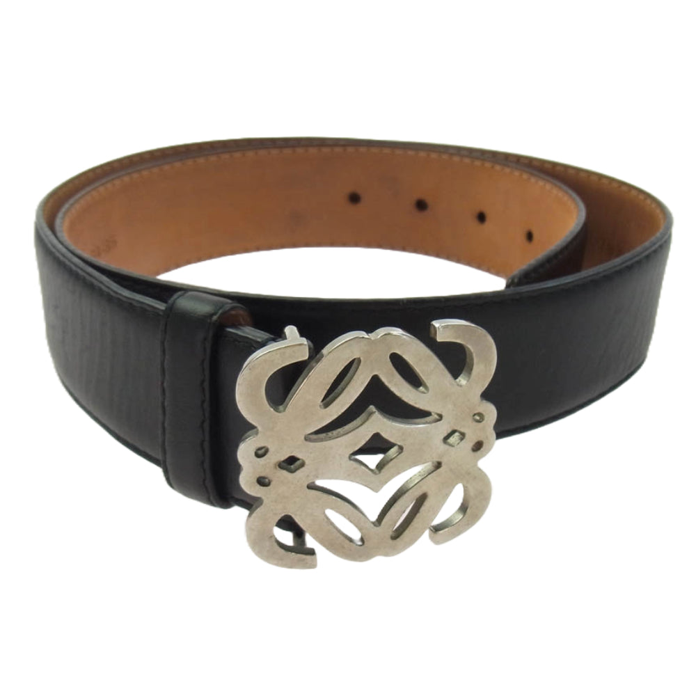LOEWE ロエベ 200607 アナグラム ロゴ レザー ベルト ブラック系 34-85【中古】