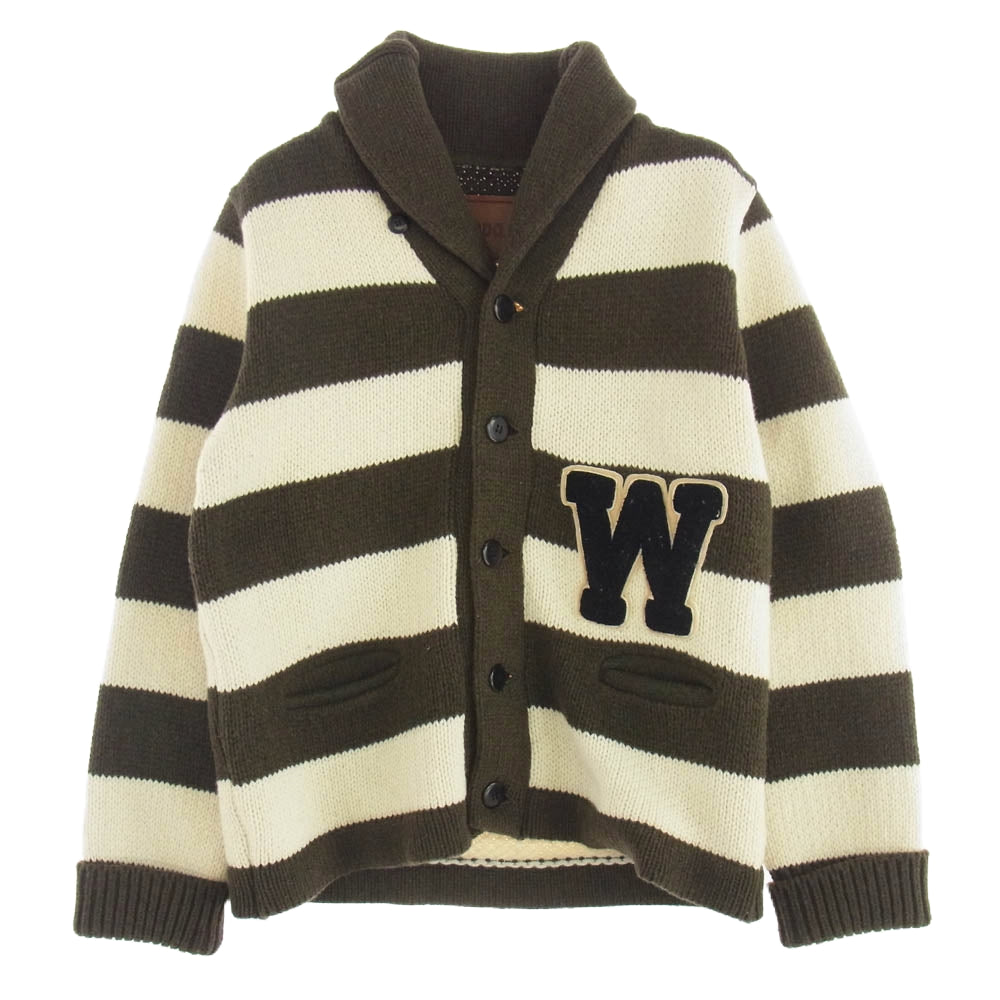 WEIRDO ウィアード WRD-14-AW-09 ショールカラー レタード ニット ボーダー カーディガン カーキ系 オフホワイト系 XL【中古】