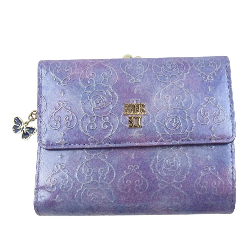ANNA SUI アナスイ 317985 ローズハート 2つ折り レザーウォレット 財布 がま口 パープル系【新古品】【未使用】【中古】