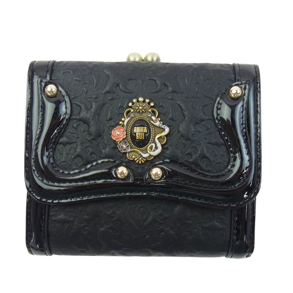 ANNA SUI アナスイ 316112 セルパン 2つ折り レザーウォレット 財布 がま口 ブラック系【新古品】【未使用】【中古】