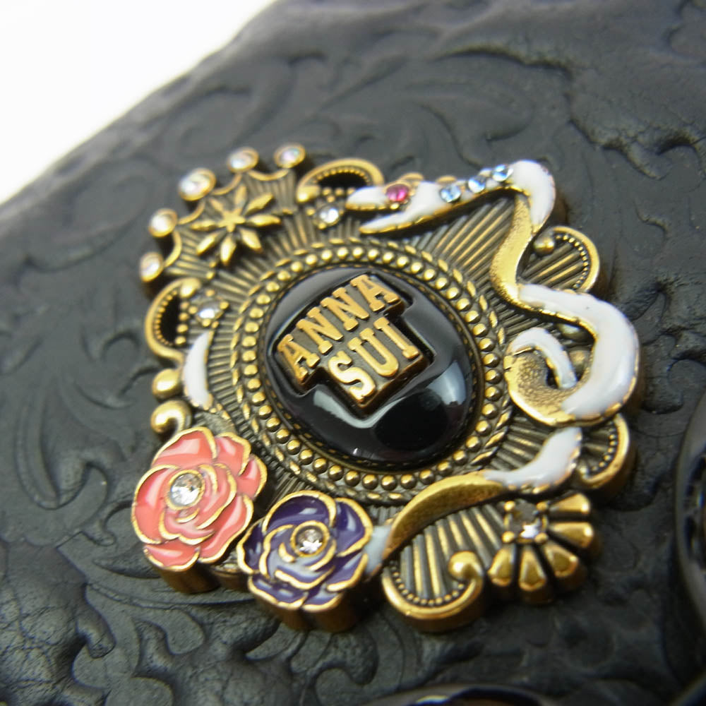 ANNA SUI アナスイ 316112 セルパン 2つ折り レザーウォレット 財布 がま口 ブラック系【新古品】【未使用】【中古】