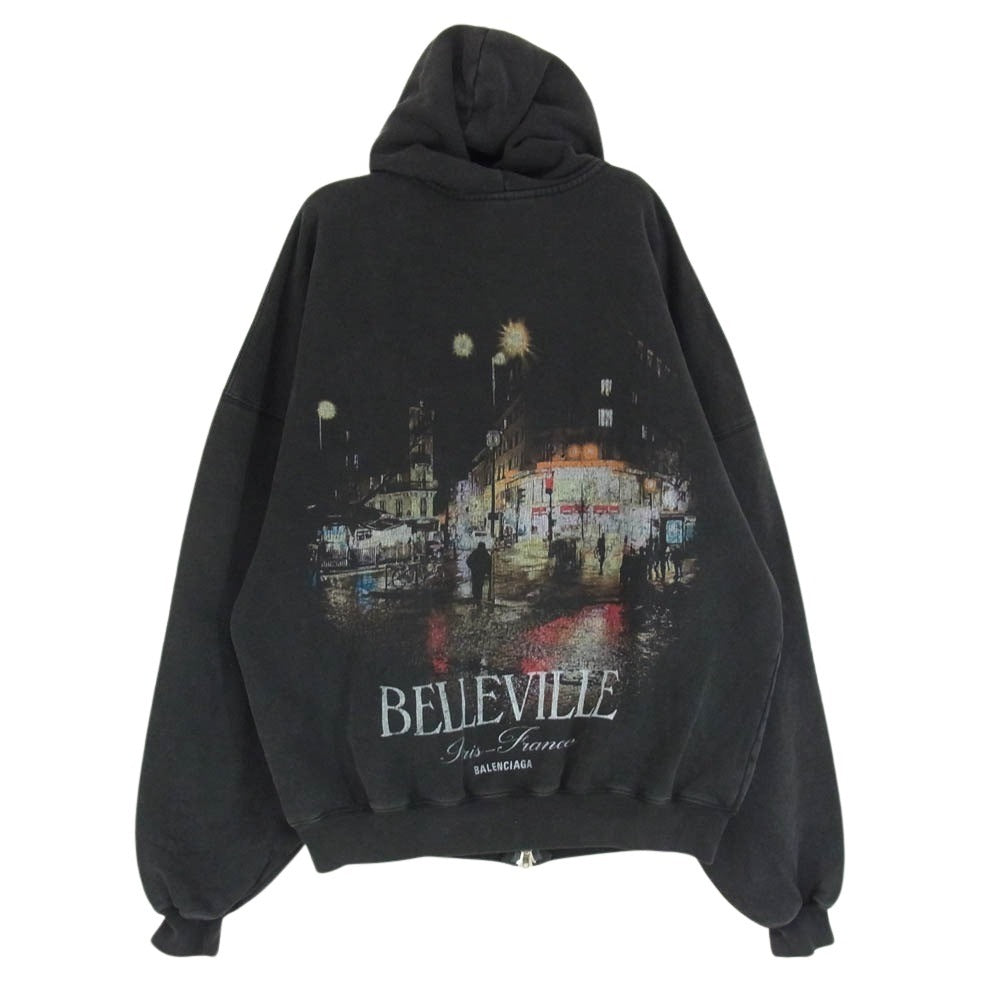 BALENCIAGA バレンシアガ 826148 TSVI8 Belleville Hoodie バック プリント ダブルジップ ジップアップ フーディ パーカー ブラック系 1【美品】【中古】