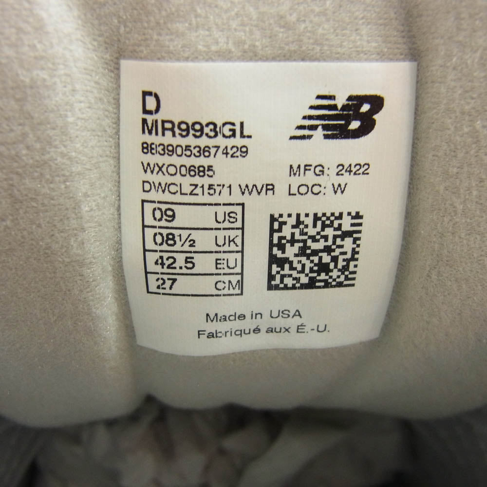 NEW BALANCE ニューバランス MR993GL USA製 MR993GL スニーカー グレー系 27cm【新古品】【未使用】【中古】