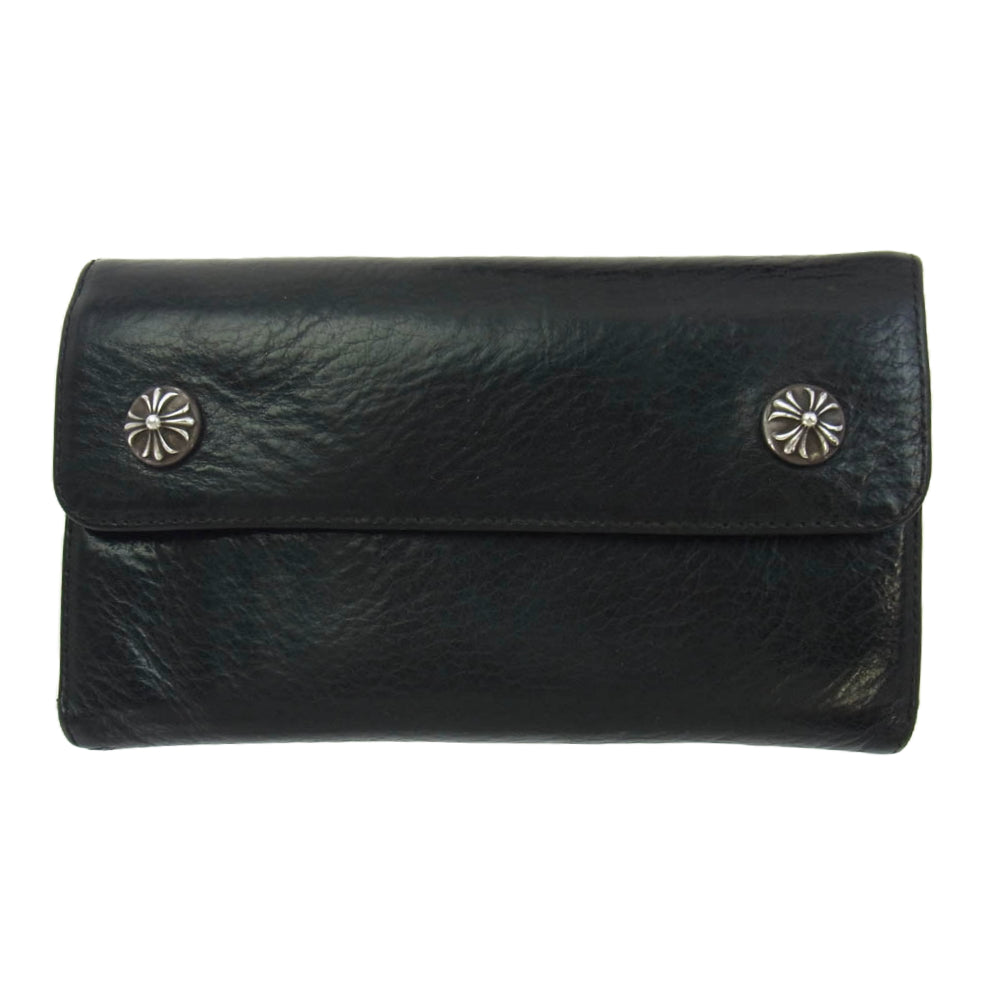 CHROME HEARTS クロムハーツ（原本無） WAVE ウェーブ クロスボタン レザー ウォレット 長財布 ブラック系【中古】