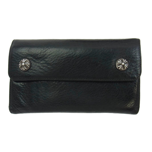 CHROME HEARTS クロムハーツ（原本無） WAVE ウェーブ クロスボタン レザー ウォレット 長財布 ブラック系【中古】