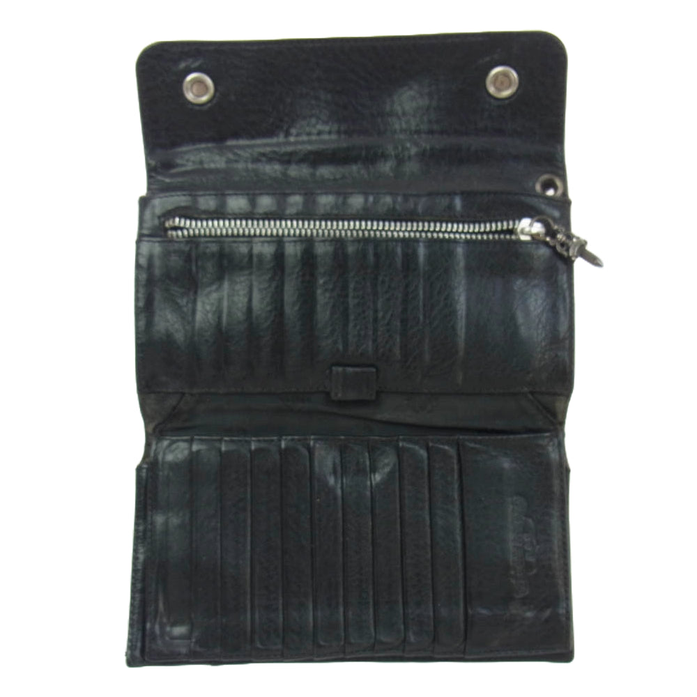 CHROME HEARTS クロムハーツ（原本無） WAVE ウェーブ クロスボタン レザー ウォレット 長財布 ブラック系【中古】