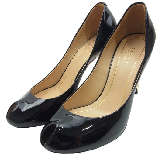 GUCCI グッチ エナメル オープン トゥ パンプス ブラック系 35.5【中古】