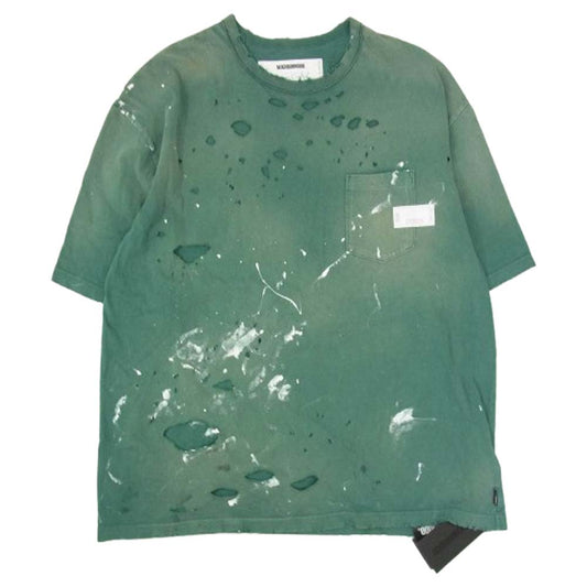 NEIGHBORHOOD ネイバーフッド 25SS 251OKNH-CSM04 SAVAGE CREWNECKーP サヴァージュ クルーネック ペイント ダメージ加工 カットソー グリーン系 XL【極上美品】【中古】