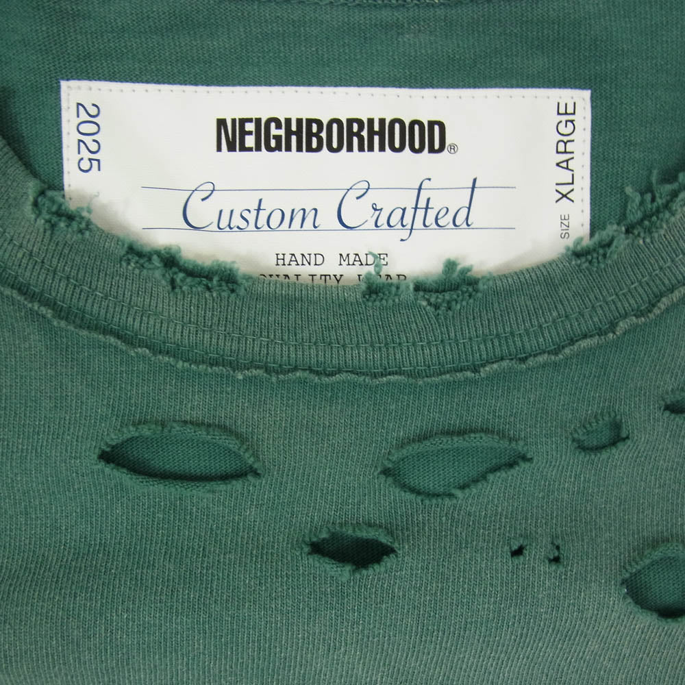 NEIGHBORHOOD ネイバーフッド 25SS 251OKNH-CSM04 SAVAGE CREWNECKーP サヴァージュ クルーネック ペイント ダメージ加工 カットソー グリーン系 XL【極上美品】【中古】