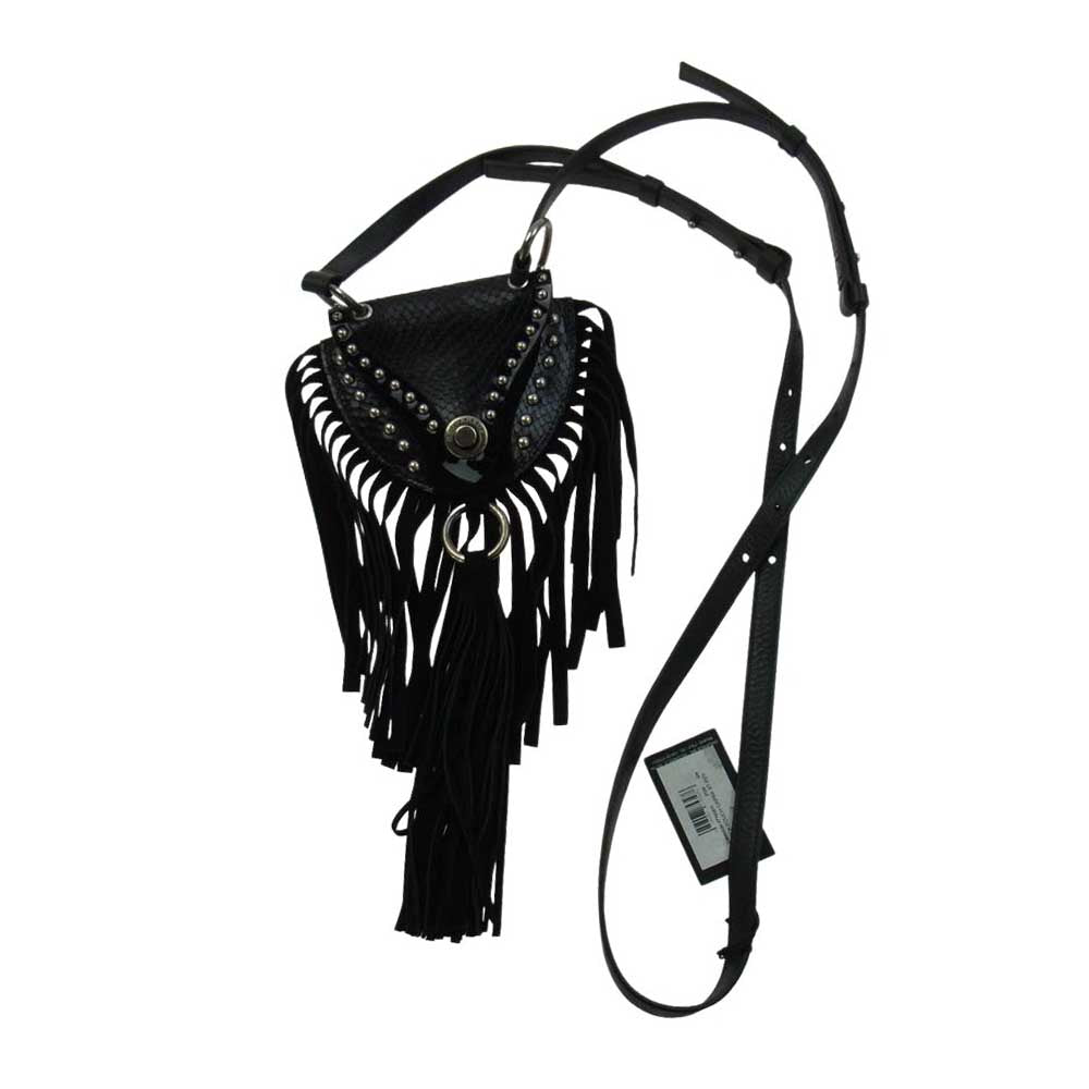 DSQUARED2 ディースクエアード NECK POUCH クロコ型押し フリンジ スタッズ ショルダー ポーチ バッグ ブラック系【中古】