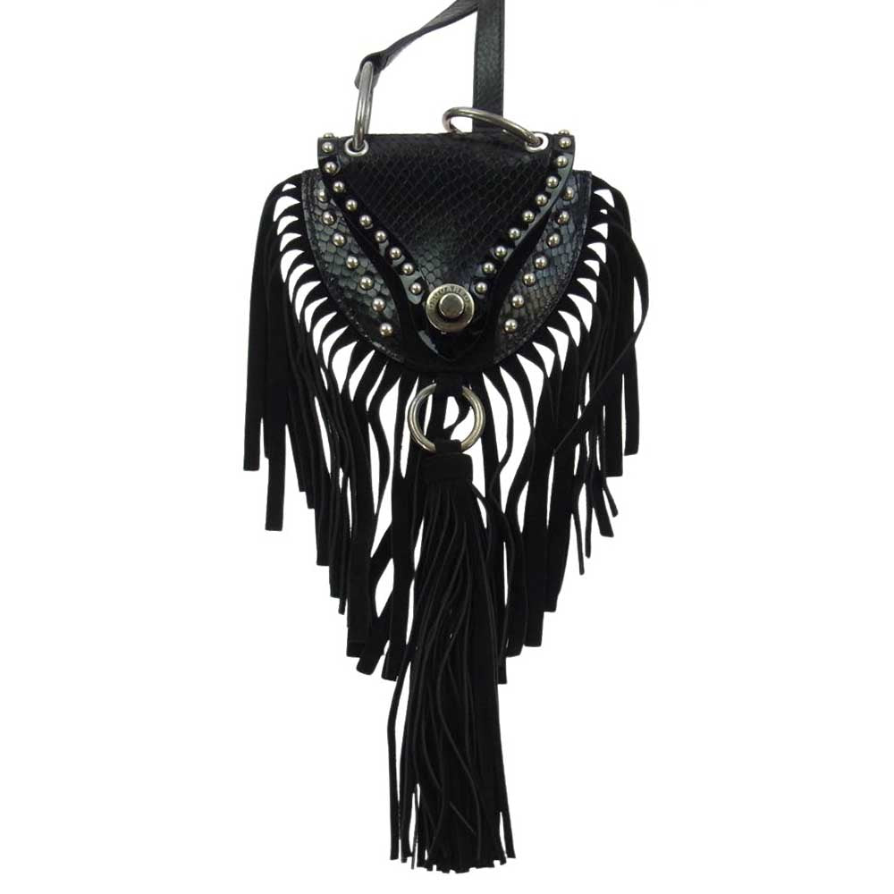 DSQUARED2 ディースクエアード NECK POUCH クロコ型押し フリンジ スタッズ ショルダー ポーチ バッグ ブラック系【中古】