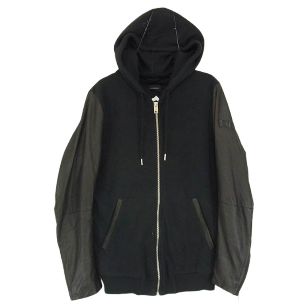 DIESEL ディーゼル 00E8F2 ラムレザー 切替 ジップ パーカー ブラック系 XS【中古】