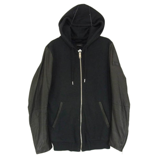 DIESEL ディーゼル 00E8F2 ラムレザー 切替 ジップ パーカー ブラック系 XS【中古】