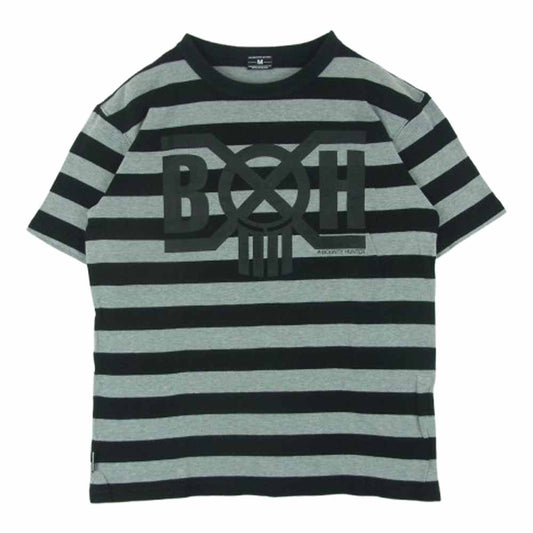 BOUNTY HUNTER バウンティーハンター ロゴ プリント ボーダー 半袖 Tシャツ コットン 日本製 ブラック系 グレー系 M【中古】