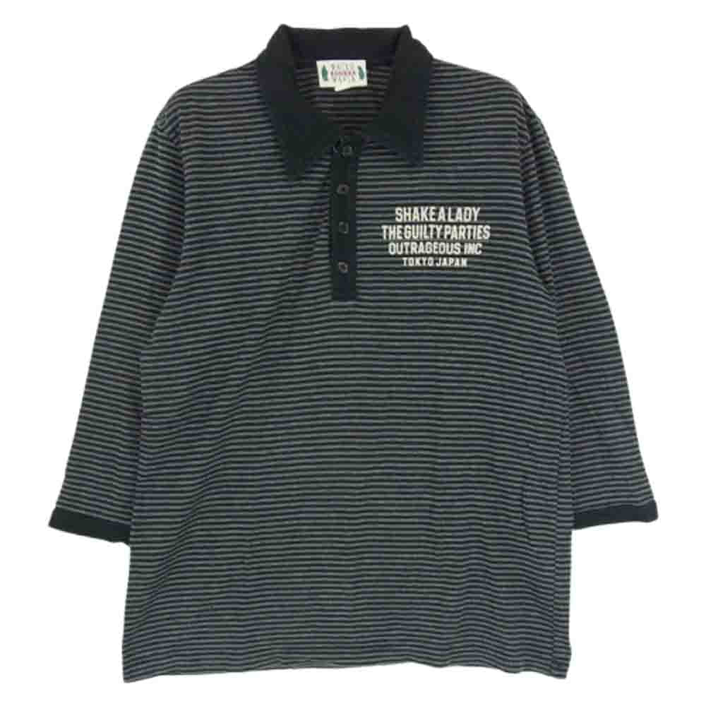 WACKO MARIA ワコマリア ロゴフロッキープリント ボーダー 七分袖 ポロシャツ ブラック系 S【中古】