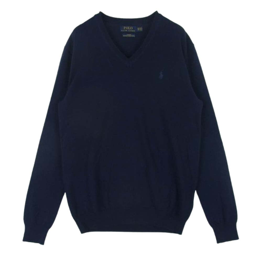 POLO RALPH LAUREN ポロ・ラルフローレン スリムフィット ウォッシャブル メリノウール 刺繍 Vネック ニット セーター ネイビー系 XS【中古】