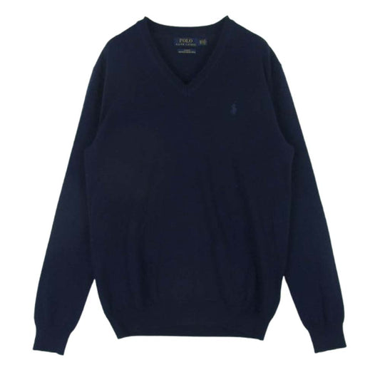 POLO RALPH LAUREN ポロ・ラルフローレン スリムフィット ウォッシャブル メリノウール 刺繍 Vネック ニット セーター ネイビー系 XS【中古】