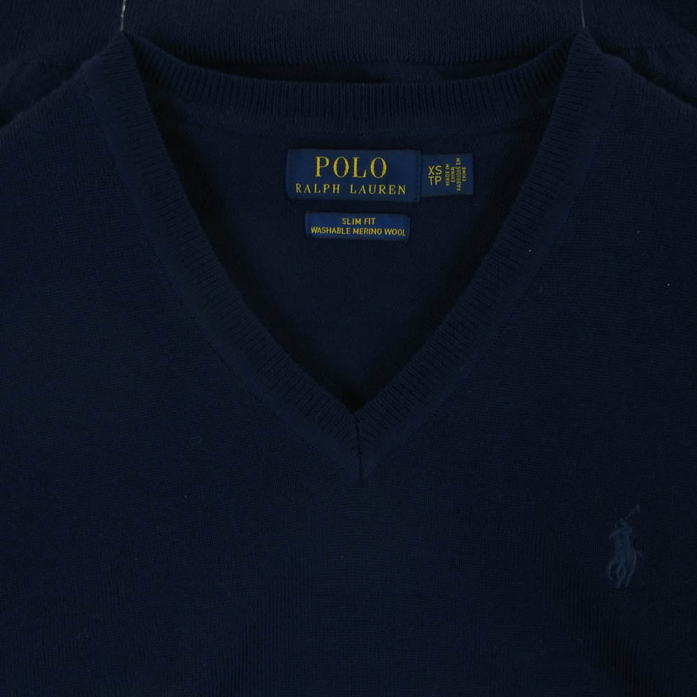 POLO RALPH LAUREN ポロ・ラルフローレン スリムフィット ウォッシャブル メリノウール 刺繍 Vネック ニット セーター ネイビー系 XS【中古】