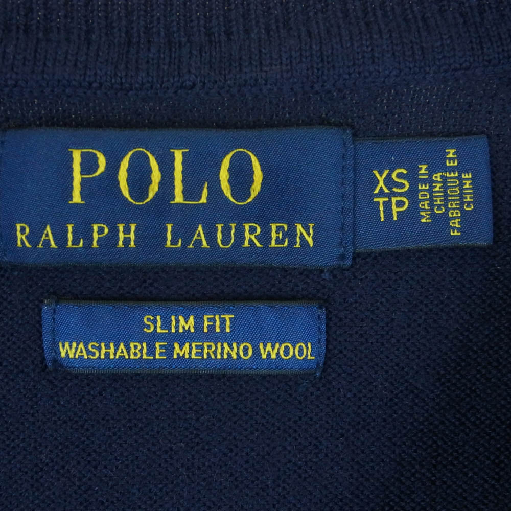 POLO RALPH LAUREN ポロ・ラルフローレン スリムフィット ウォッシャブル メリノウール 刺繍 Vネック ニット セーター ネイビー系 XS【中古】