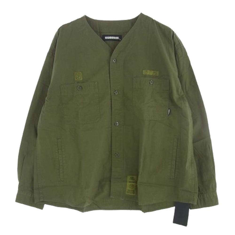 NEIGHBORHOOD ネイバーフッド 22SS 221YTNH-SHM01 NC C-SHIRT L/S ロゴ ロングスリーブ ノーカラー シャツ ジャケット カーキ系 L【美品】【中古】