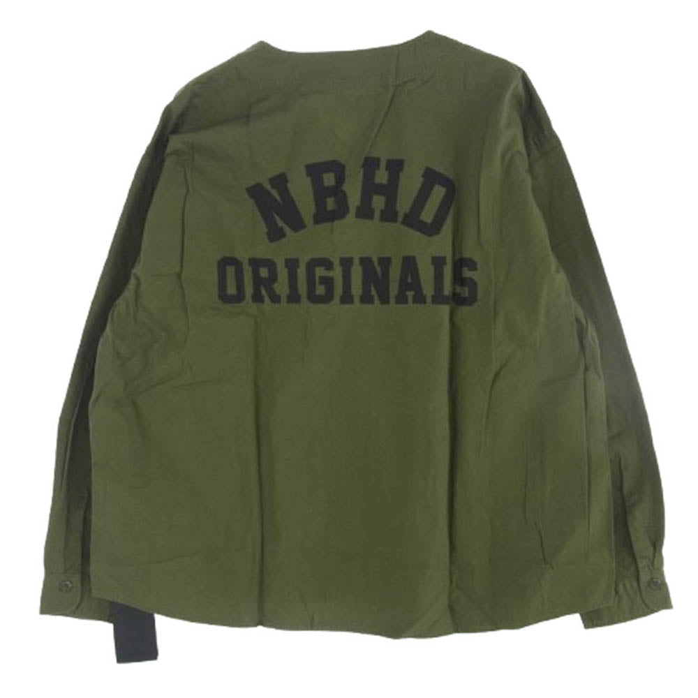 NEIGHBORHOOD ネイバーフッド 22SS 221YTNH-SHM01 NC C-SHIRT L/S ロゴ ロングスリーブ ノーカラー シャツ ジャケット カーキ系 L【美品】【中古】