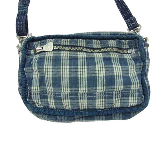 PORTER CLASSIC ポータークラシック ダメージ加工 チェック リバーシブル ショルダーバッグ ブルー系【中古】