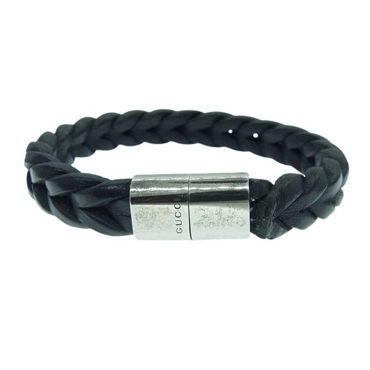 GUCCI グッチ 編み込み レザー ブレスレット シルバー系 ブラック系【中古】