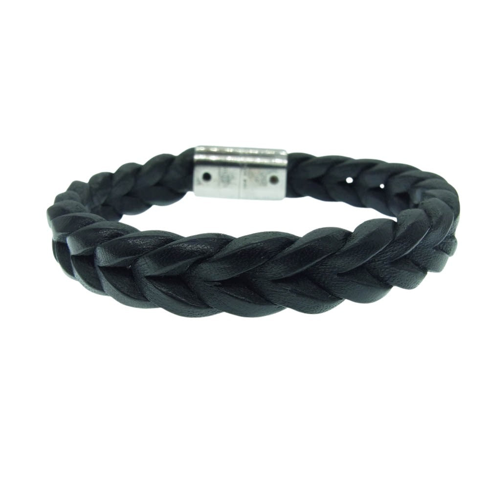 GUCCI グッチ 編み込み レザー ブレスレット シルバー系 ブラック系【中古】