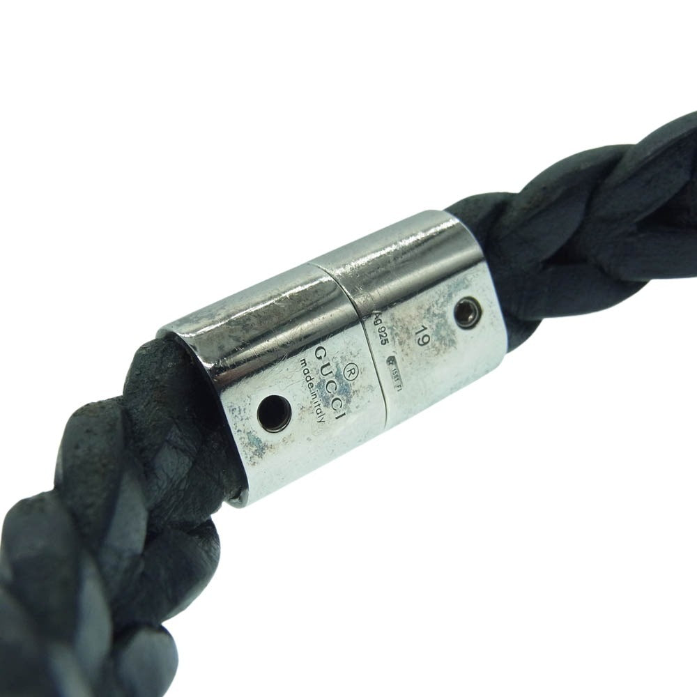 GUCCI グッチ 編み込み レザー ブレスレット シルバー系 ブラック系【中古】