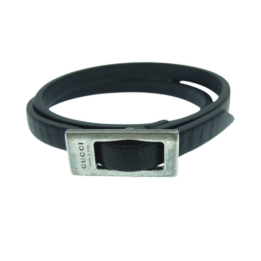 GUCCI グッチ シルバー925バックル レザー 2連 ブレスレット ブラック系【中古】