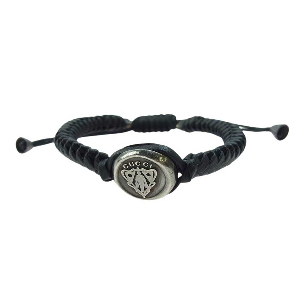 GUCCI グッチ クレスト エンブレム 編み込みレザー ブレスレット ブラック系【中古】