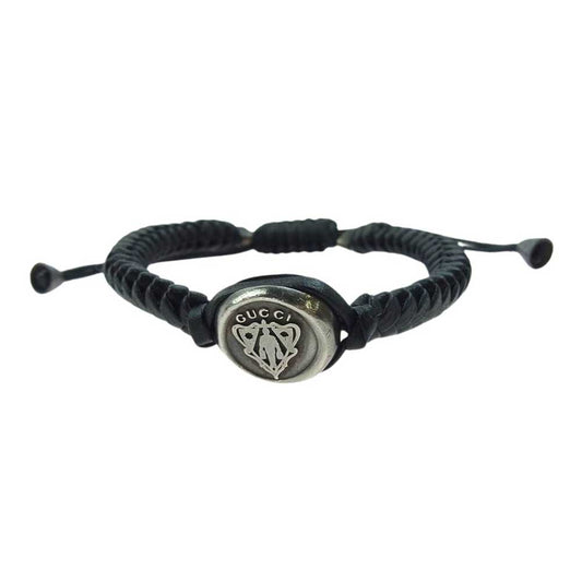 GUCCI グッチ クレスト エンブレム 編み込みレザー ブレスレット ブラック系【中古】