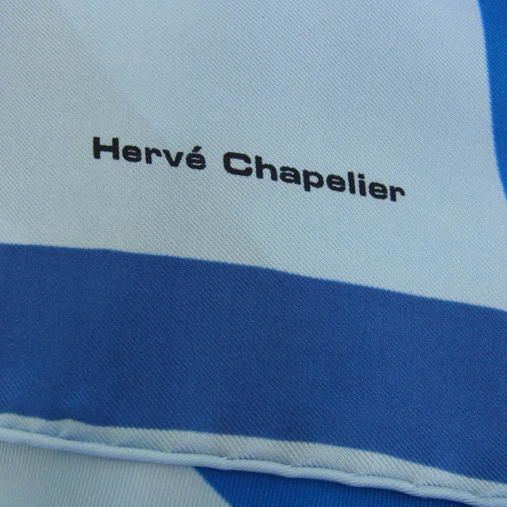 Herve Chapelier エルベ・シャプリエ シルク100％ FOULARDHC スカーフ ブルー系【美品】【中古】