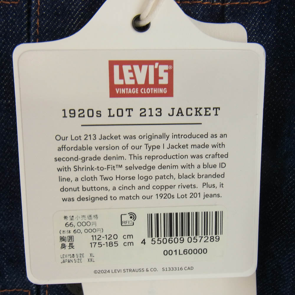 Levi's リーバイス VINTAGE CLOTHING 1920s LOT 213 800着限定シリアルナンバー入り デニムジャケット インディゴブルー系 44 XL【新古品】【未使用】【中古】